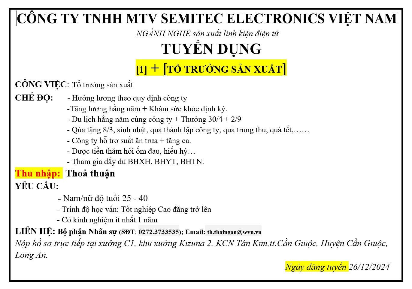 CÔNG TY TNHH MTV SEMITEC ELECTRONICS VIỆT NAM - TUYỂN DỤNG: