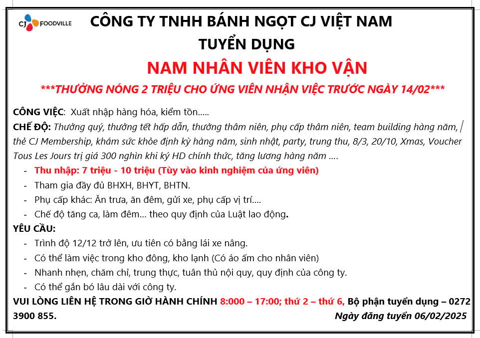 Công ty TNHH Bánh ngọt CJ Việt Nam tuyển dụng nam nhân viên kho vận
