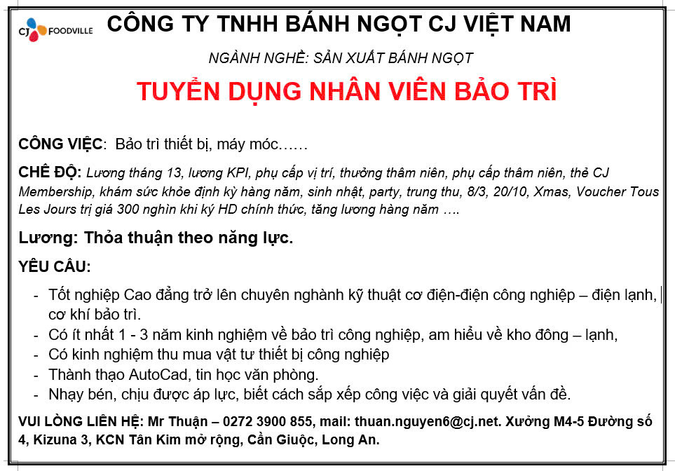 CÔNG TY TNHH BÁNH NGỌT CJ VIỆT NAM TUYỂN DỤNG NHÂN VIÊN BẢO TRÌ