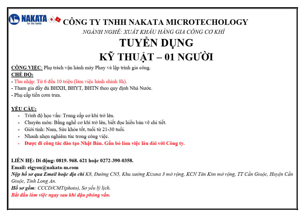CÔNG TY TNHH NAKATA MICROTECHNOLOGY TUYỂN DỤNG 01 NHÂN VIÊN KỸ THUẬT