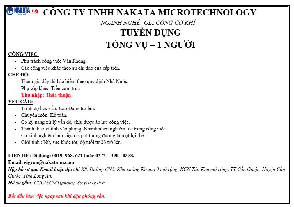 CÔNG TY TNHH NAKATA MICROTECHNOLOGY TUYỂN DỤNG 01 TỔNG VỤ