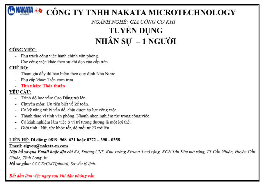 CÔNG TY TNHH NAKATA MICROTECHNOLOGY TUYỂN DỤNG NHÂN SỰ