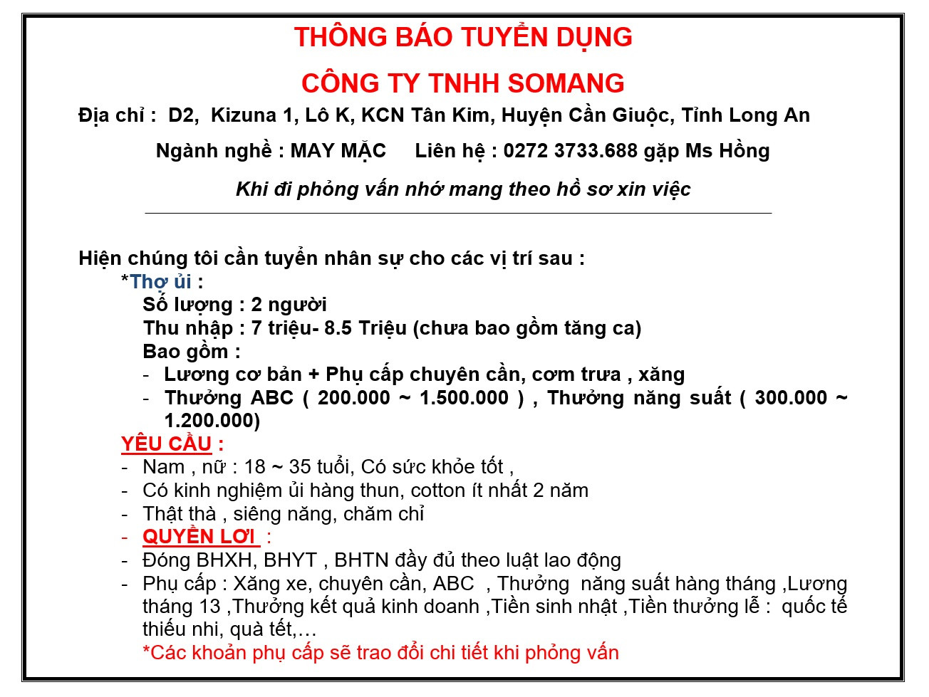 THÔNG BÁO TUYỂN DỤNG - CÔNG TY TNHH SOMANG