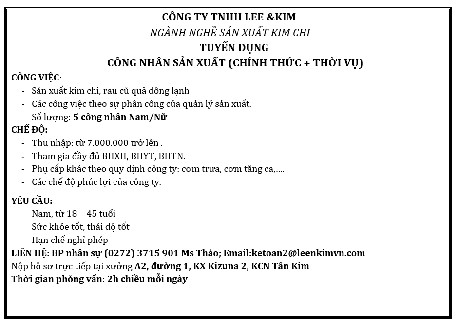 CÔNG TY TNHH LEE &KIM TUYỂN DỤNG NHIỀU VỊ TRÍ