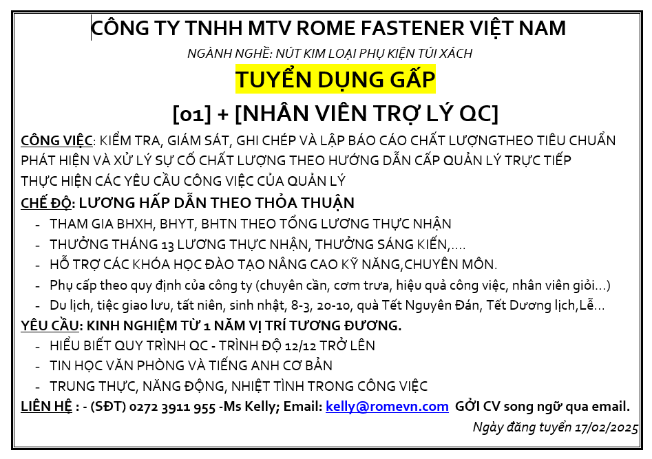 CÔNG TY TNHH MTV RENAC VIỆT NAM TUYỂN DỤNG NAM CÔNG NHÂN