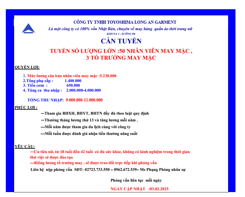 CÔNG TY TNHH TOYOSHIMA LONG AN GARMENT TUYỂN DỤNG SỐ LƯỢNG LỚN