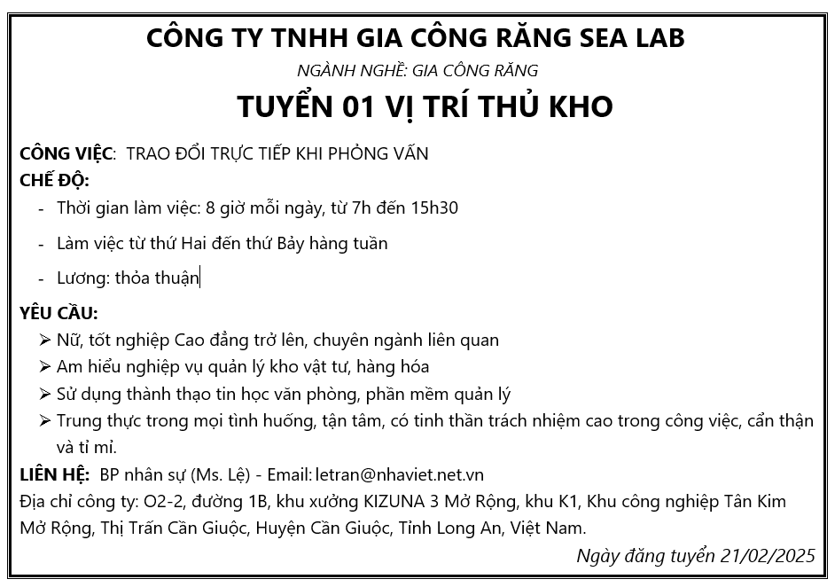 CÔNG TY TNHH GIA CÔNG RĂNG SEA LAB TUYỂN DỤNG VỊ TRÍ THỦ KHO