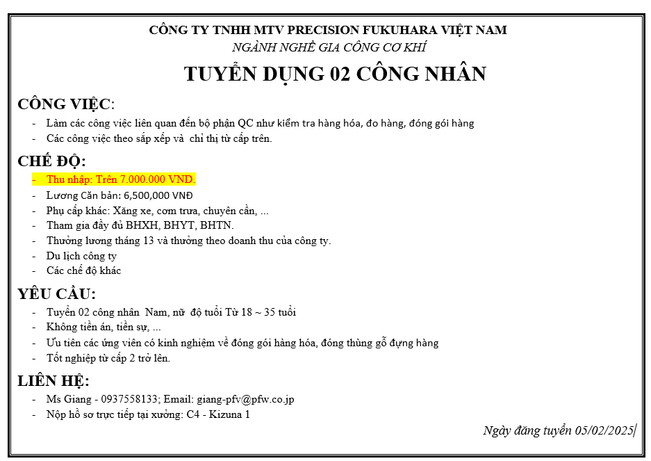 CÔNG TY TNHH MTV PRECISION FUKUHARA VIỆT NAM TUYỂN DỤNG CÔNG NHÂN