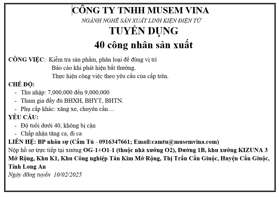 CÔNG TY TNHH MUSEM VINA TUYỂN DỤNG CÔNG NHÂN SẢN XUẤT