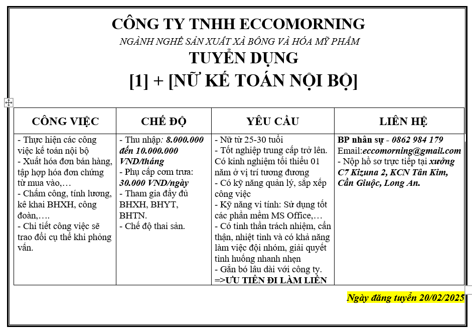 CÔNG TY TNHH ECCOMORNING TUYỂN DỤNG NỮ KẾ TOÁN NỘI BỘ