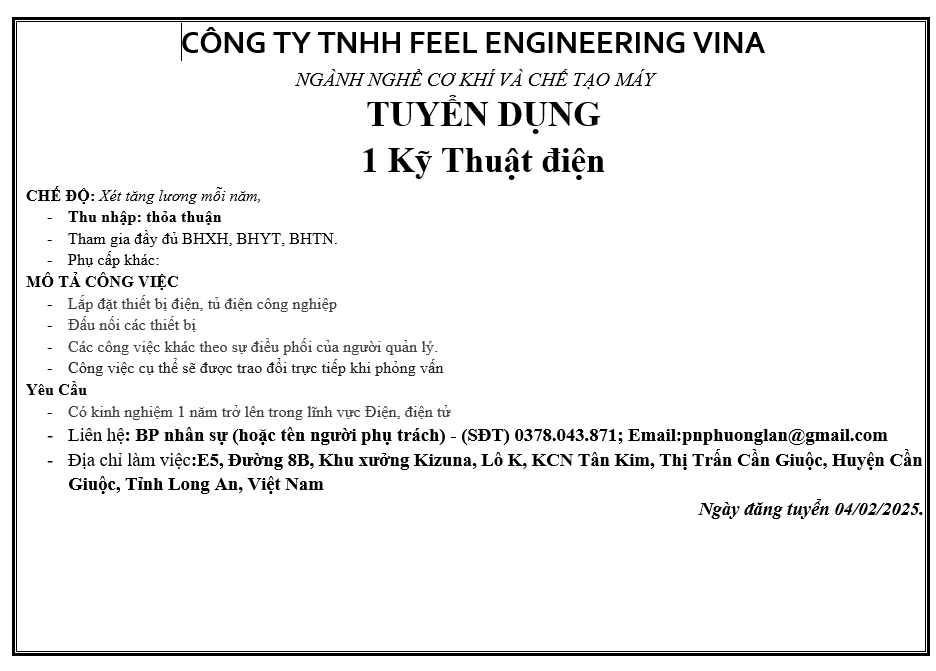 CÔNG TY TNHH FEEL ENGINEERING VINA TUYỂN DỤNG