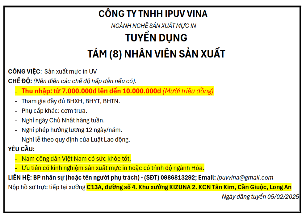 CÔNG TY TNHH IPUV VINA TUYỂN DỤNG NHÂN VIÊN SẢN XUẤT