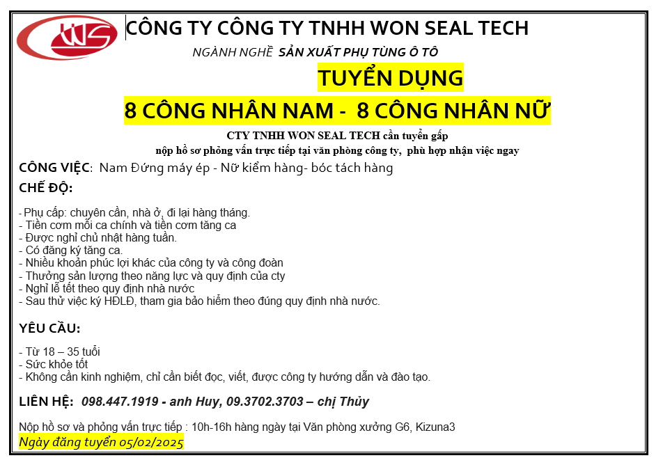 CÔNG TY CÔNG TY TNHH WON SEAL TECH TUYỂN DỤNG CÔNG NHÂN