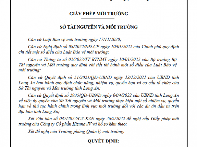 Giấy phép môi trường dự án Khu nhà xưởng Kizuna 1 cấp bởi Sở tài nguyên và môi trường