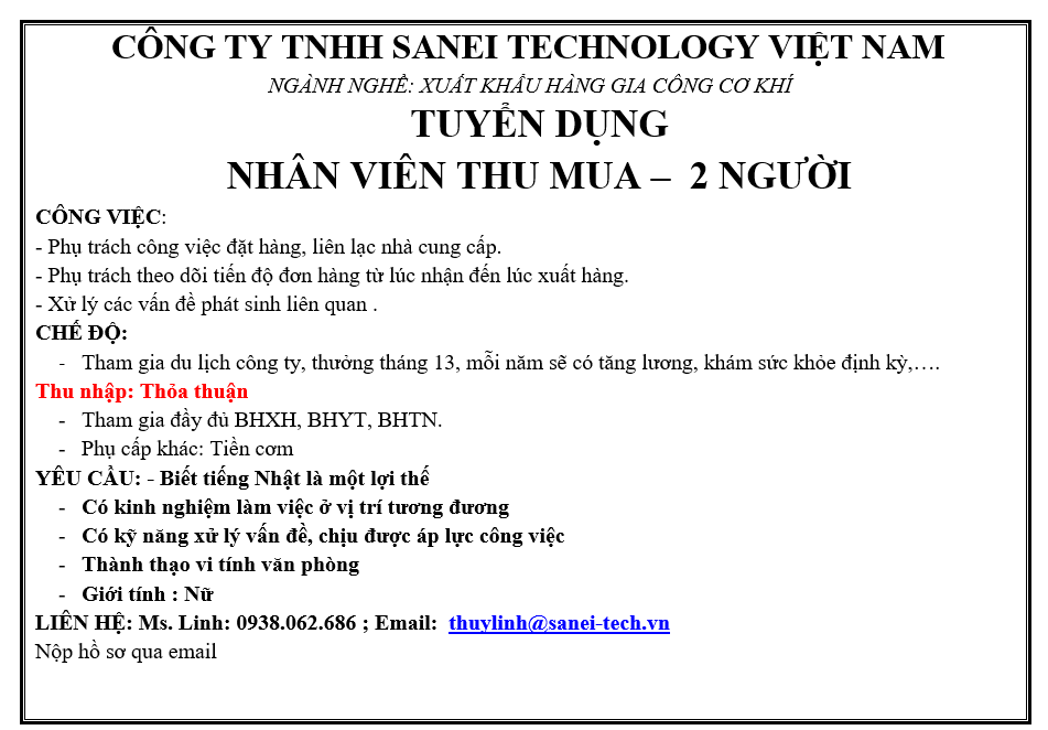 CÔNG TY TNHH SANEI TECHNOLOGY VIỆT NAM TUYỂN DỤNG NHIỀU VỊ TRÍ