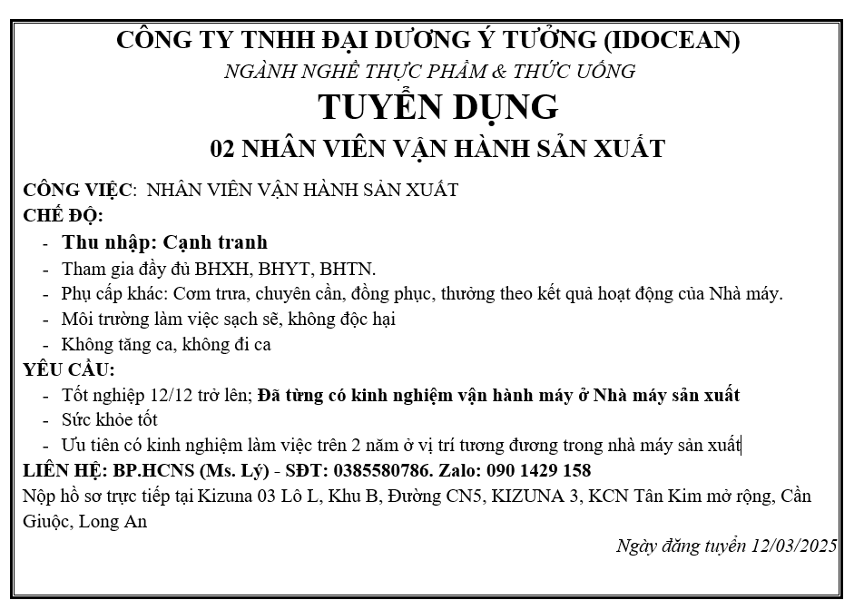 CÔNG TY TNHH ĐẠI DƯƠNG Ý TƯỞNG (IDOCEAN) TUYỂN DỤNG NHIỀU VỊ TRÍ