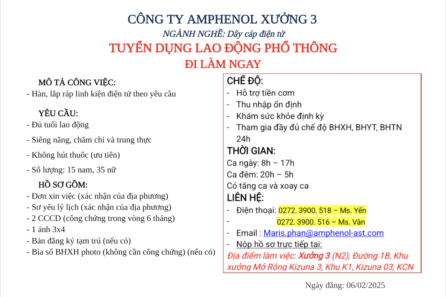 CÔNG TY AMPHENOL XƯỞNG 3   NGÀNH NGHỀ: Dây cáp điện tử -  TUYỂN DỤNG: