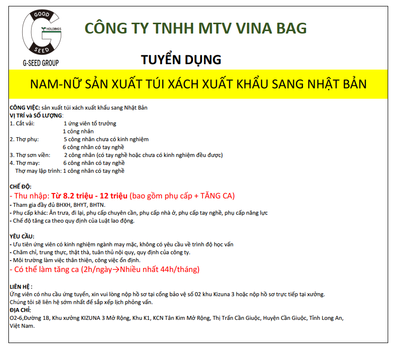 CÔNG TY TNHH MTV VINA BAG TUYỂN DỤNG NAM/NỮ SX TÚI XÁCH XUẤT KHẨU