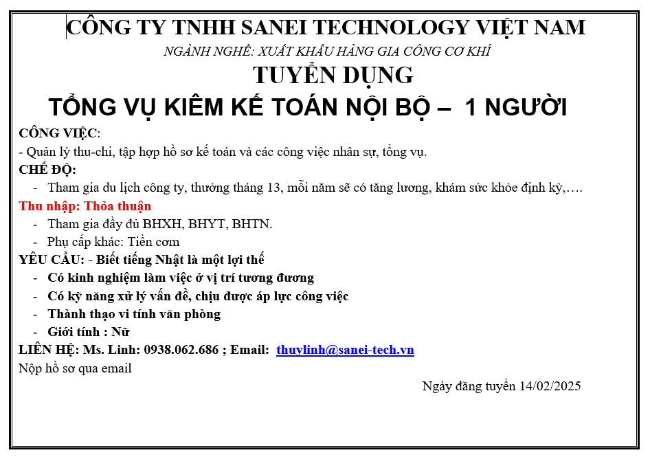 CÔNG TY SANEI TECHNOLOGY CẦN TUYỂN CÁC VỊ TRÍ