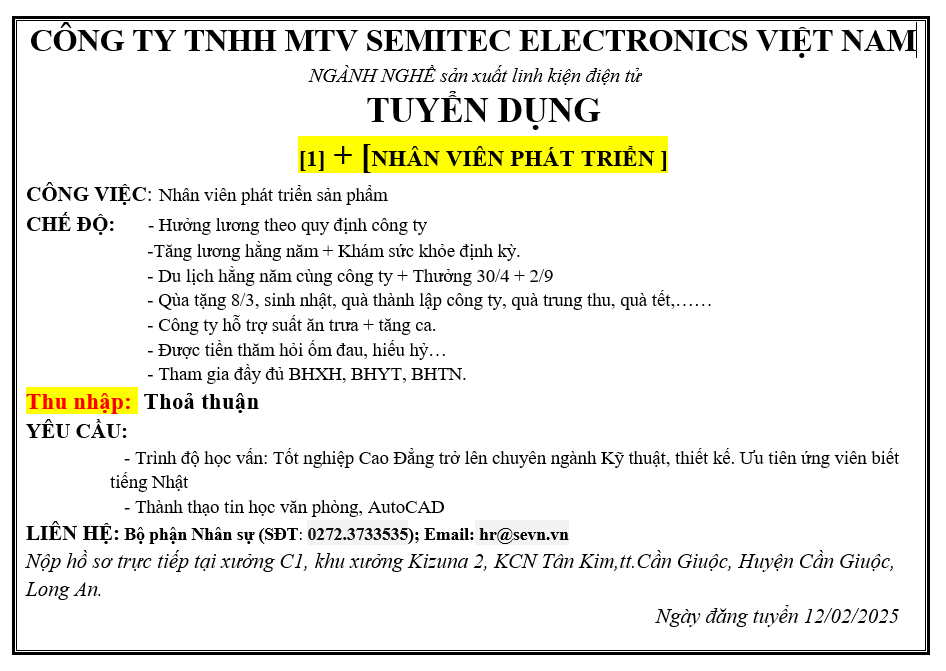 CÔNG TY TNHH MTV SEMITEC ELECTRONICS VIỆT NAM TUYỂN DỤNG NHÂN VIÊN PHÁT TRIỂN