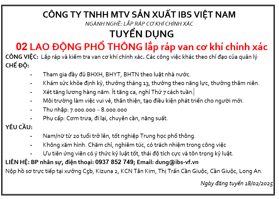 CÔNG TY TNHH MTV SẢN XUẤT IBS VIỆT NAM TUYỂN DỤNG 02 LĐPT