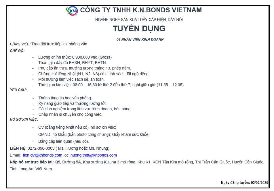 CÔNG TY K.N.BONDS VIETNAM TUYỂN DỤNG NHIỀU VỊ TRÍ
