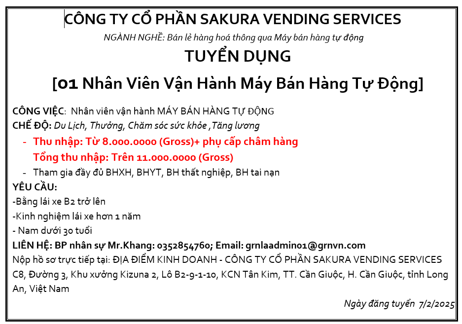 CÔNG TY CỔ PHẦN SAKURA VENDING SERVICES TUYỂN DỤNG NHÂN VIÊN VẬN HÀNH MÁY BÁN HÀNG TỰ ĐỘNG