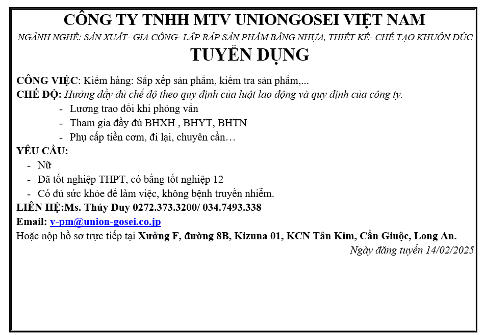 CÔNG TY TNHH MTV UNIONGOSEI VIỆT NAM TUYỂN DỤNG KIỂM HÀNG