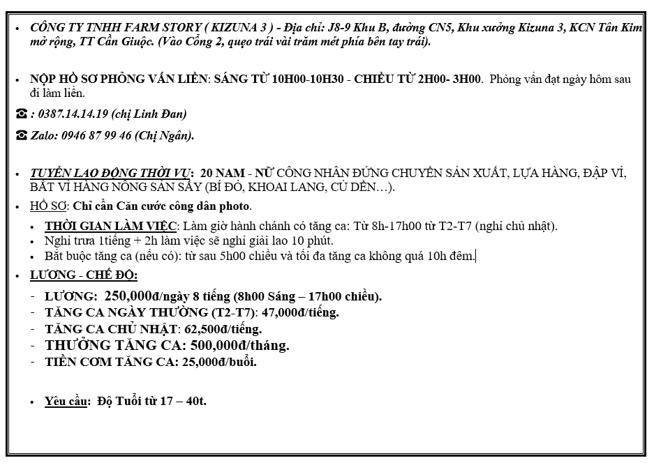 CÔNG TY TNHH SX -TM FARM STORY TUYỂN DỤNG CÔNG NHÂN CHÍNH THỨC VÀ THỜI VỤ