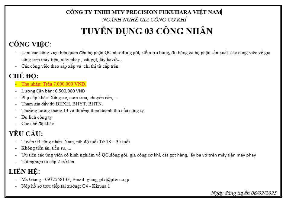 CÔNG TY TNHH MTV PRECISION FUKUHARA VIỆT NAM TUYỂN DỤNG CÔNG NHÂN