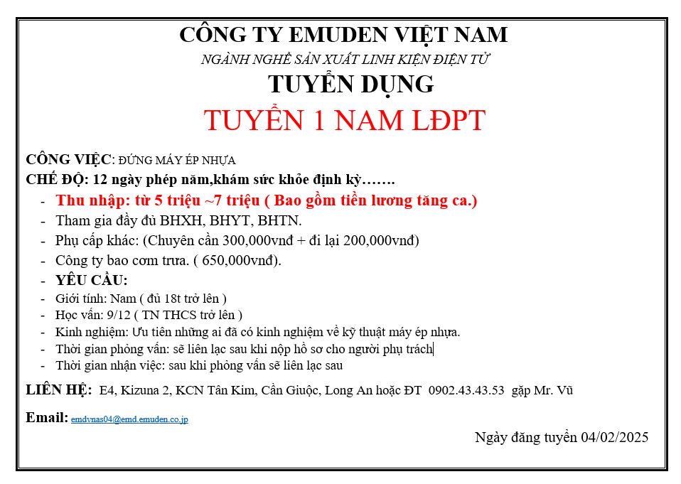 CÔNG TY EMUDEN VIỆT NAM TUYỂN DỤNG LAO ĐỘNG PHỔ THÔNG