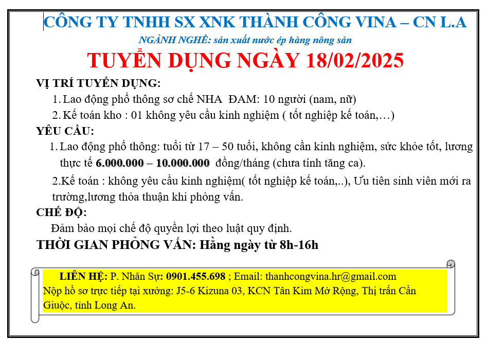 CÔNG TY TNHH SX XNK THÀNH CÔNG VINA – CN L.A TUYỂN DỤNG NHIỀU VỊ TRÍ
