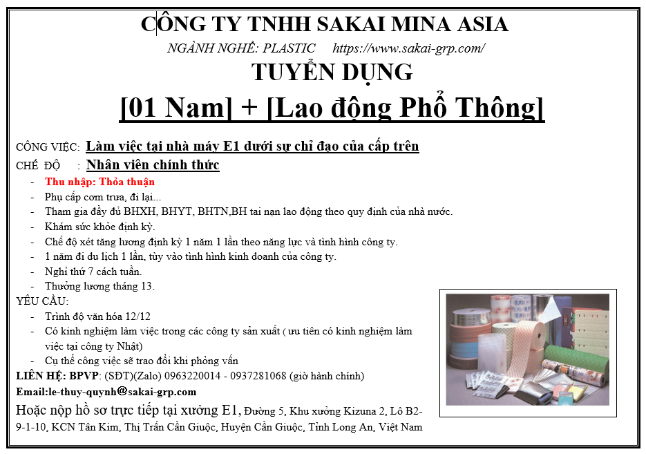 CÔNG TY TNHH SAKAI MINA ASIA TUYỂN DỤNG LAO ĐỘNG PHỔ THÔNG