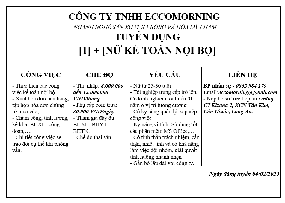 CÔNG TY TNHH ECCOMORNING TUYỂN DỤNG NHÂN VIÊN KẾ TOÁN
