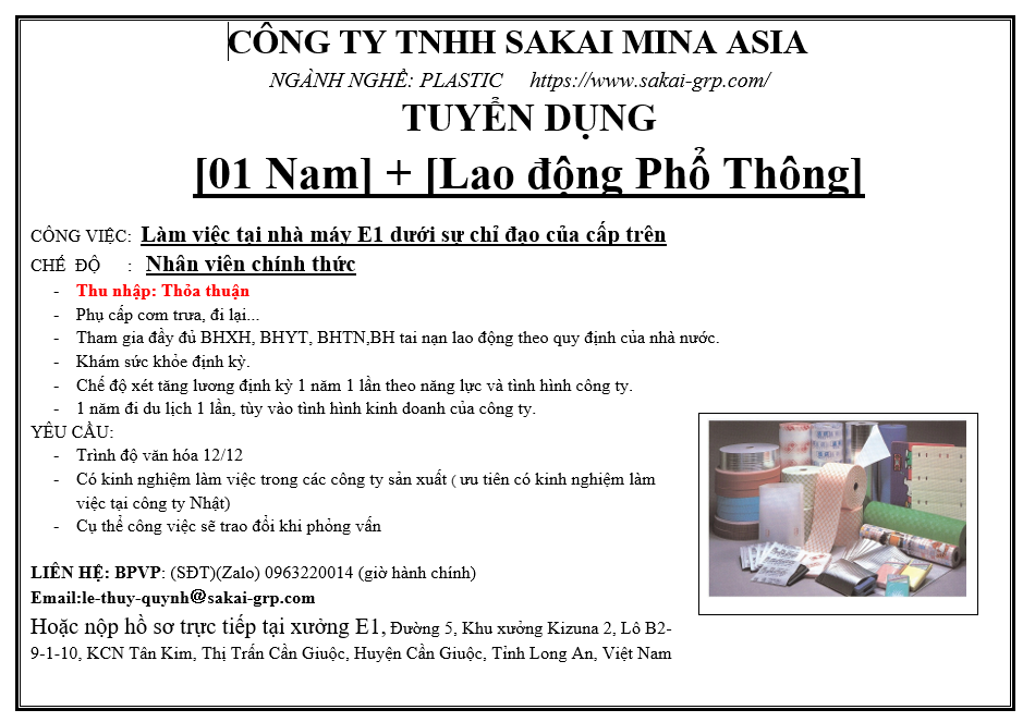 CÔNG TY TNHH SAKAI MINA ASIA TUYỂN DỤNG NAM LAO ĐỘNG PHỔ THÔNG
