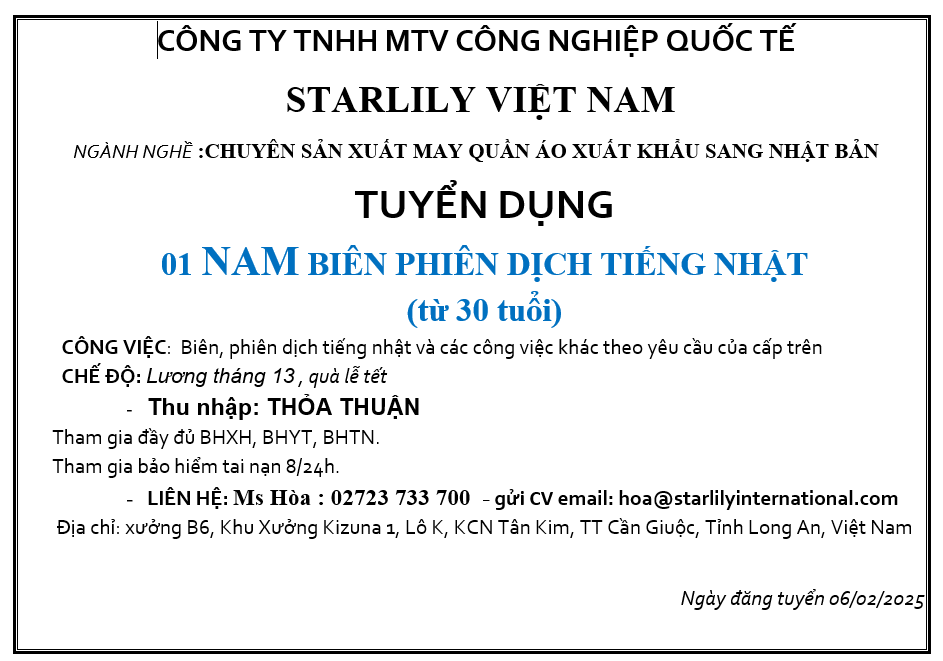 CÔNG TY TNHH MTV CÔNG NGHIỆP QUỐC TẾ STARLILY VIỆT NAM TUYỂN DỤNG NAM BIÊN PHIÊN DỊCH TIẾNG NHẬT