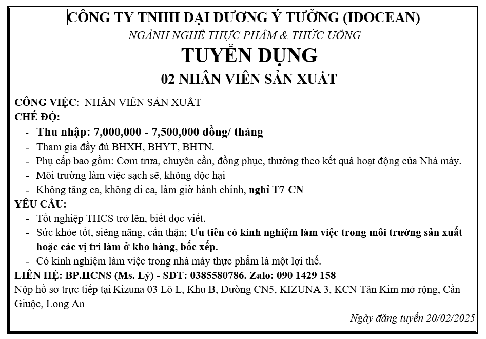 CÔNG TY TNHH ĐẠI DƯƠNG Ý TƯỞNG (IDOCEAN) TUYỂN DỤNG NHIỀU VỊ TRÍ