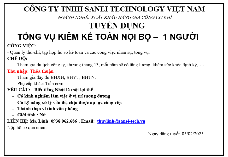 CÔNG TY TNHH SANEI TECHNOLOGY VIỆT NAM TUYỂN DỤNG TỔNG VỤ KIÊM KẾ TOÁN NỘI BỘ