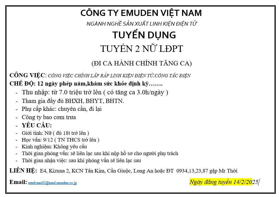 CÔNG TY EMUDEN VIỆT NAM TUYỂN 2 NỮ LAO ĐỘNG PHỔ THÔNG