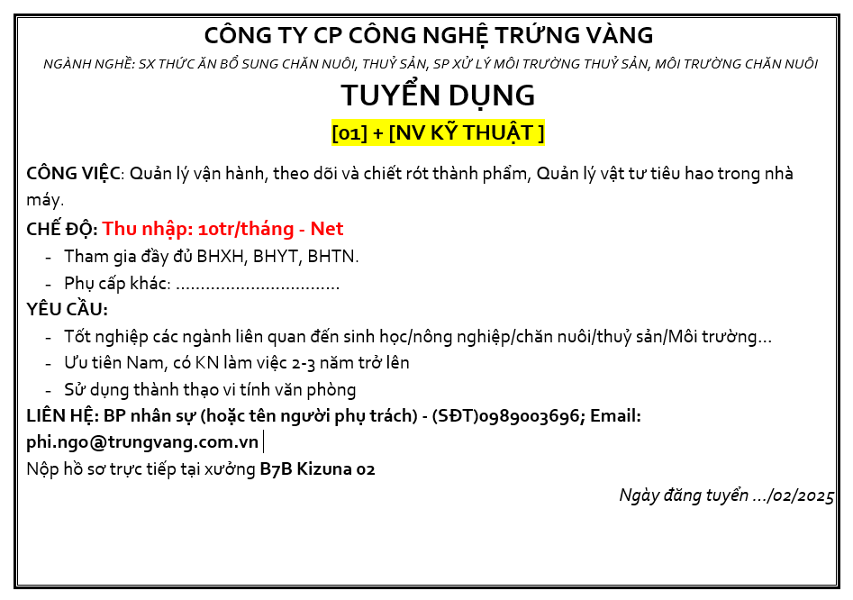 CÔNG TY CP CÔNG NGHỆ TRỨNG VÀNG TUYỂN DỤNG NHÂN VIÊN KỸ THUẬT