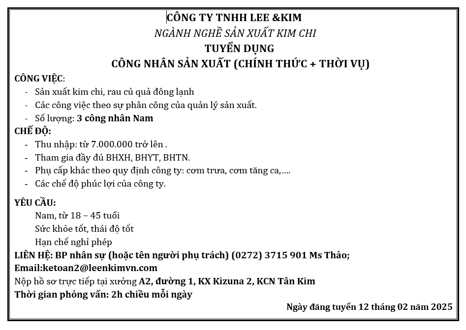 CÔNG TY TNHH LEE &KIM TUYỂN DỤNG CÔNG NHÂN SẢN XUẤT (CHÍNH THỨC VÀ THỜI VỤ)