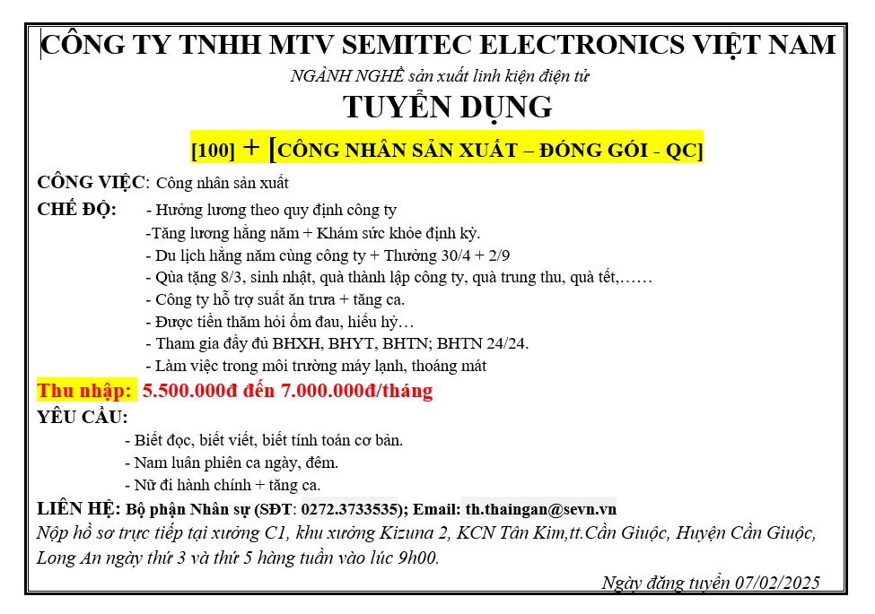 CÔNG TY TNHH MTV SEMITEC ELECTRONICS VIỆT NAM TUYỂN DỤNG CÔNG NHÂN SẢN XUẤT