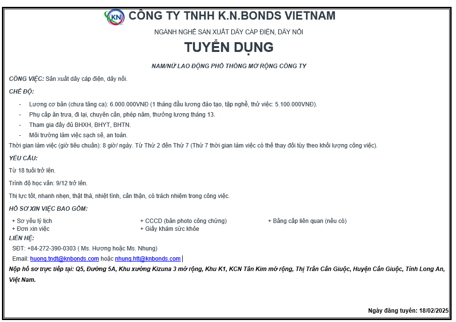 CÔNG TY TNHH K.N.BONDS VIETNAM TUYỂN DỤNG NAM/NỮ LAO ĐỘNG PHỔ THÔNG