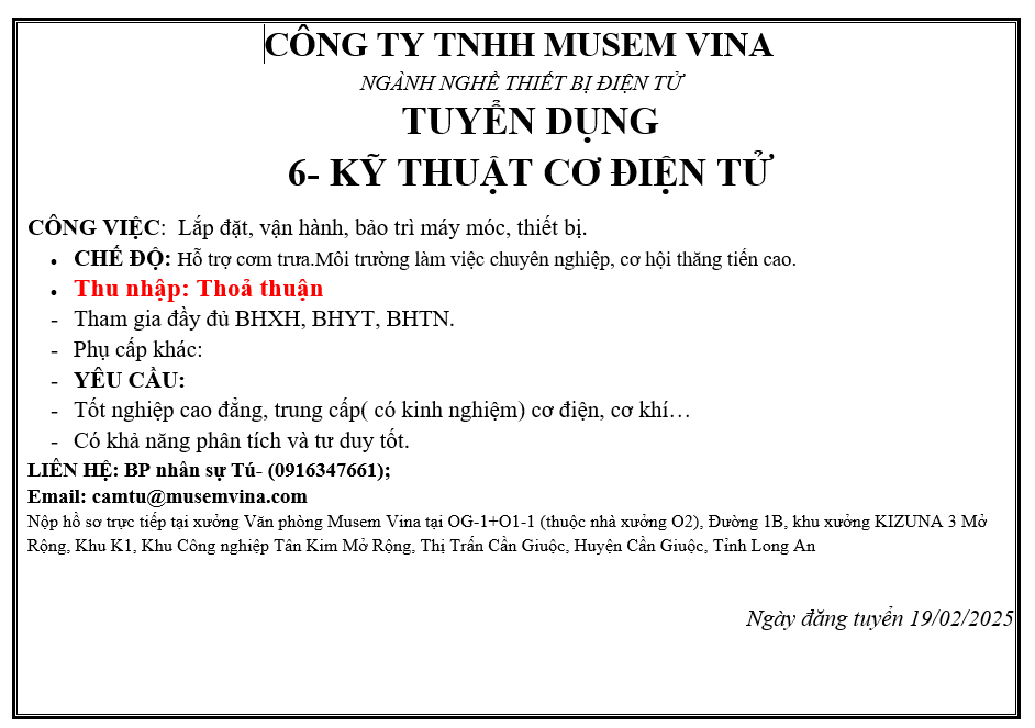 CÔNG TY TNHH MUSEM VINA TUYỂN DỤNG KỸ THUẬT CƠ ĐIỆN
