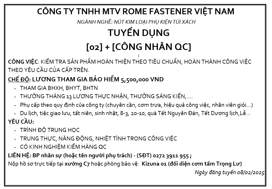 CÔNG TY TNHH MTV ROME FASTENER VIỆT NAM TUYỂN DỤNG CÔNG NHÂN QC